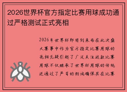 2026世界杯官方指定比赛用球成功通过严格测试正式亮相